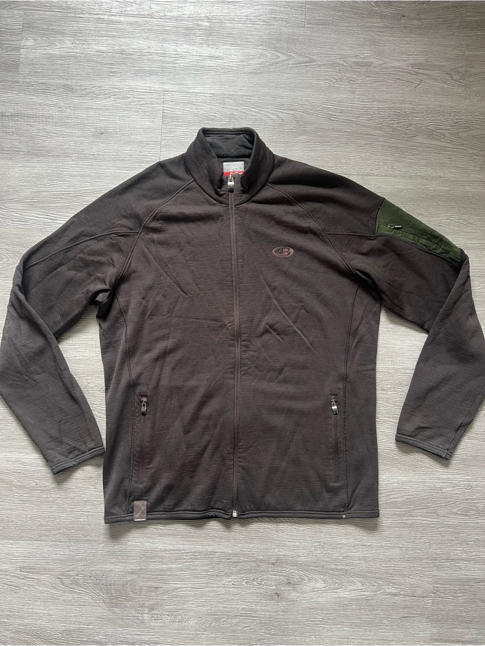 Icebreaker Black Full-Zip Jacket with Olive Sleeve Patch Merino Wool